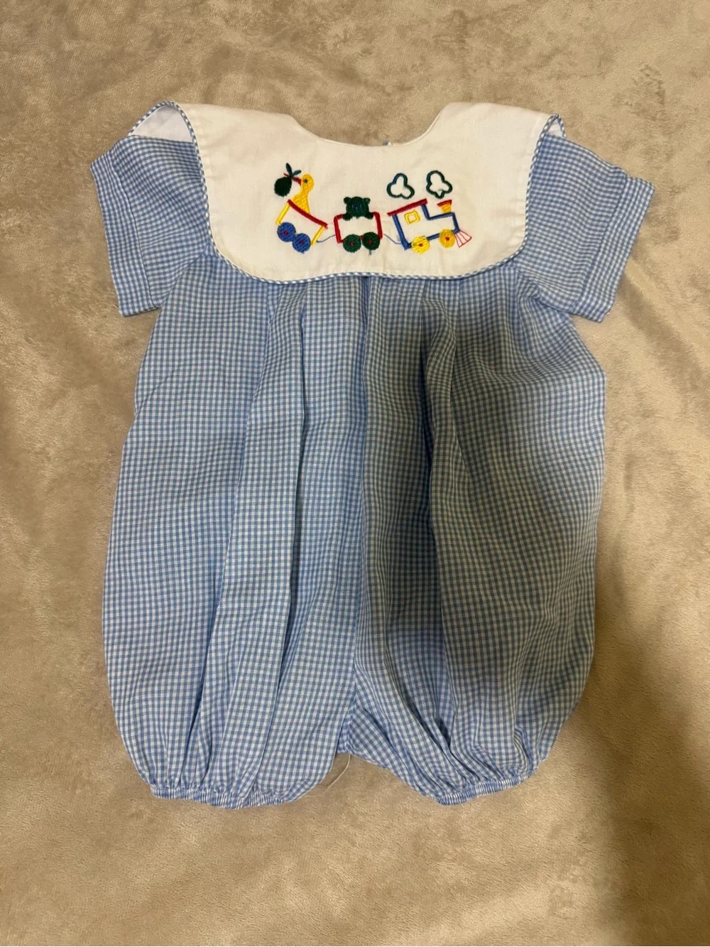 Alexis Blue and White Gingham Baby One-Piece with Embroidered Train